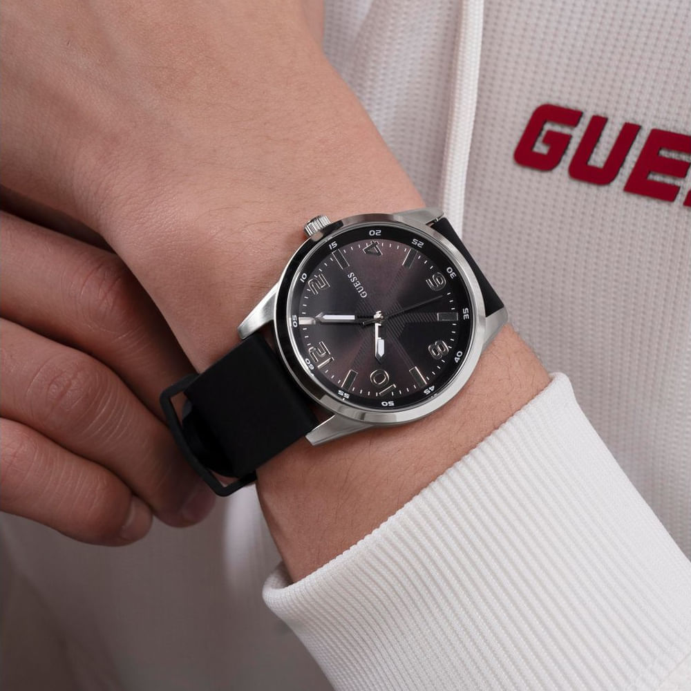 Miniatura Relógio Guess Masculino Detalhe Pneu Silicone Prata