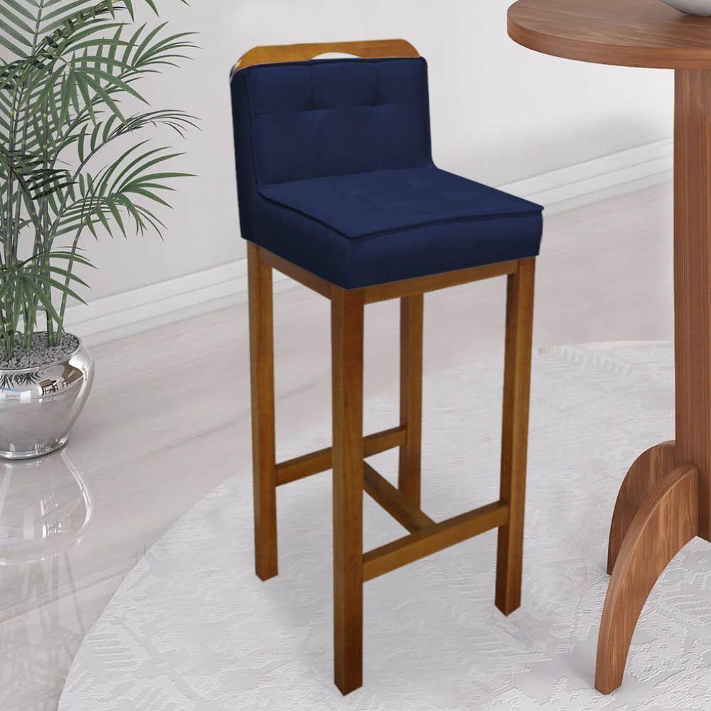 Miniatura Banqueta Alta Com Encosto Agnes Cozinha Balcão Bistrô Base Madeira Rústico Suede Azul Marinho