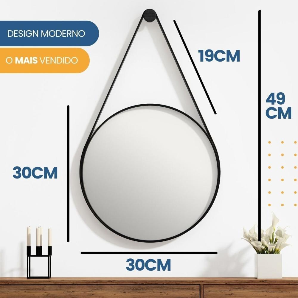 Espelho Adnet Redondo 30cm com Alça e Suporte para Sala Quarto Banheiro Hall Preto