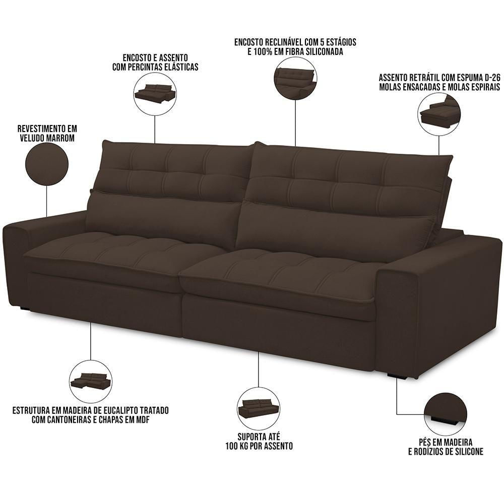 Miniatura Sofá Retrátil Reclinável Para Sala De Estar Living 290cm Dimas F04 Veludo Marrom