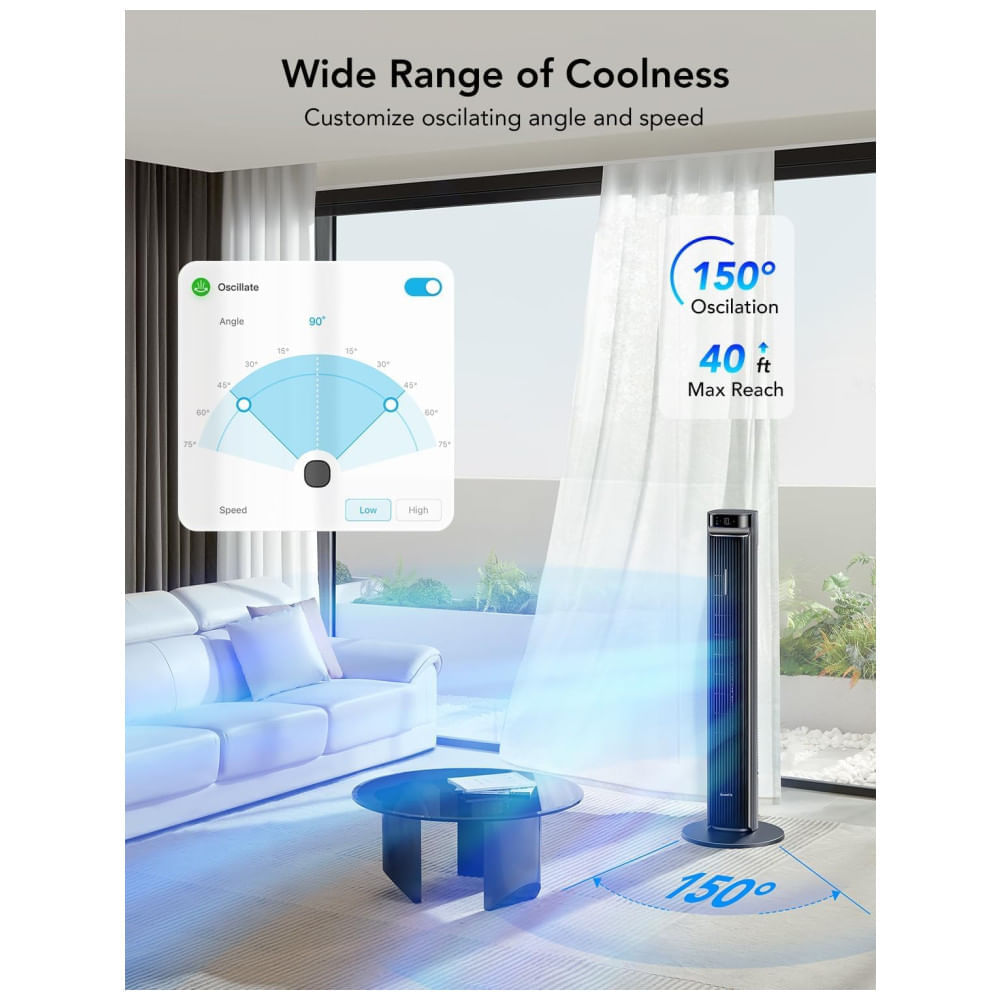 Miniatura Ventilador de Torre, Estilo Moderno com Temporizador de 24H, Silencioso, 5 Modos, 12 Velocidades e Controle por APP ou Voz, 110V 48W, Goveelife, 110v