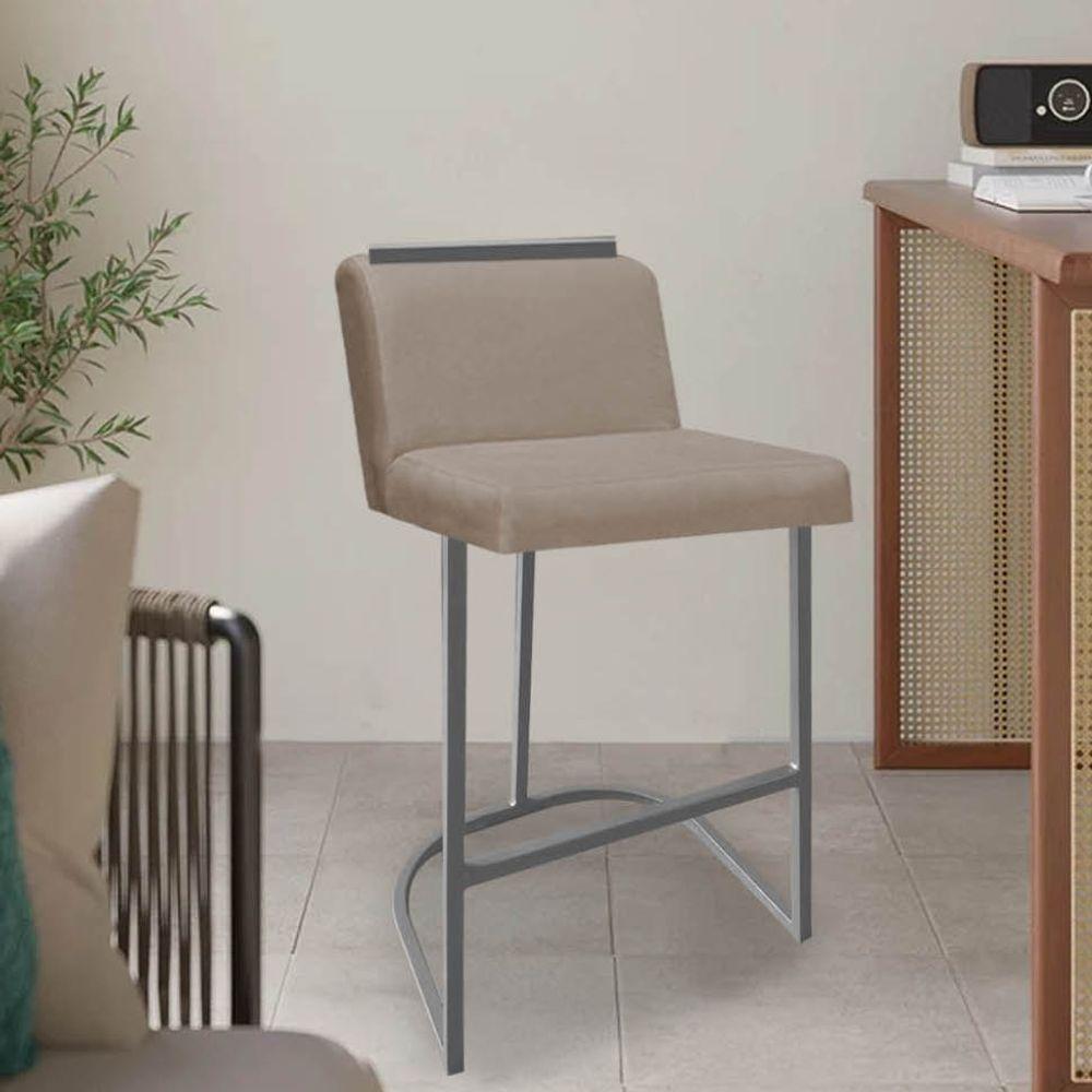 Miniatura Banqueta Com Encosto Nynna Luxo Confort Bistrô Cozinha Ferro Cinza Suede Bege - Amey Decor