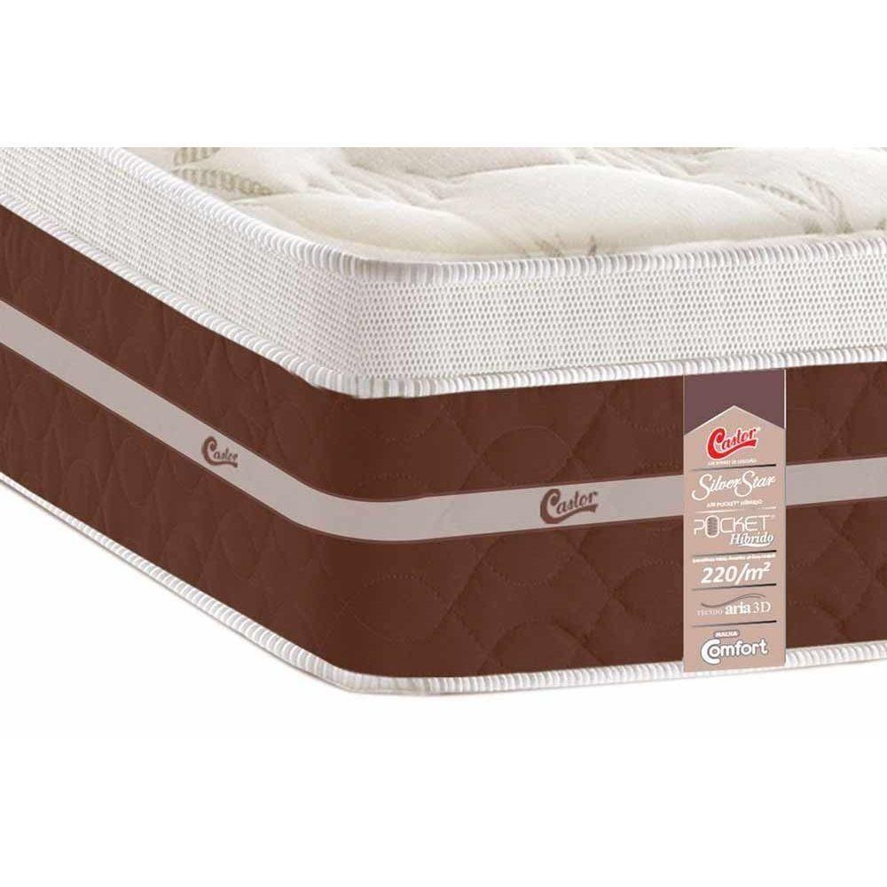 Cama Box King: Colchão Molas Pocket Ensacadas Castor Silver Star Air Híbrido + Base Marrom(193X203)