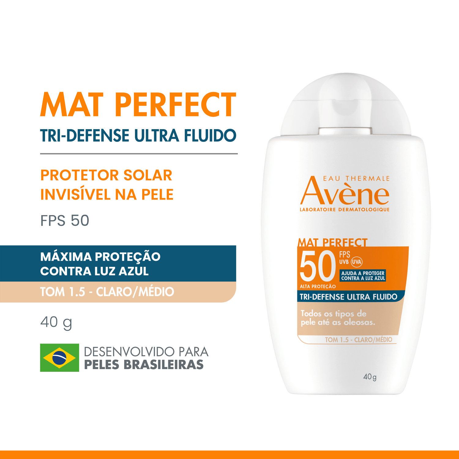 Avène Mat Perfect Tri-Defense Ultra Fluido FPS 50 1.5 Claro/Médio - Protetor Solar Facial com Cor 40g