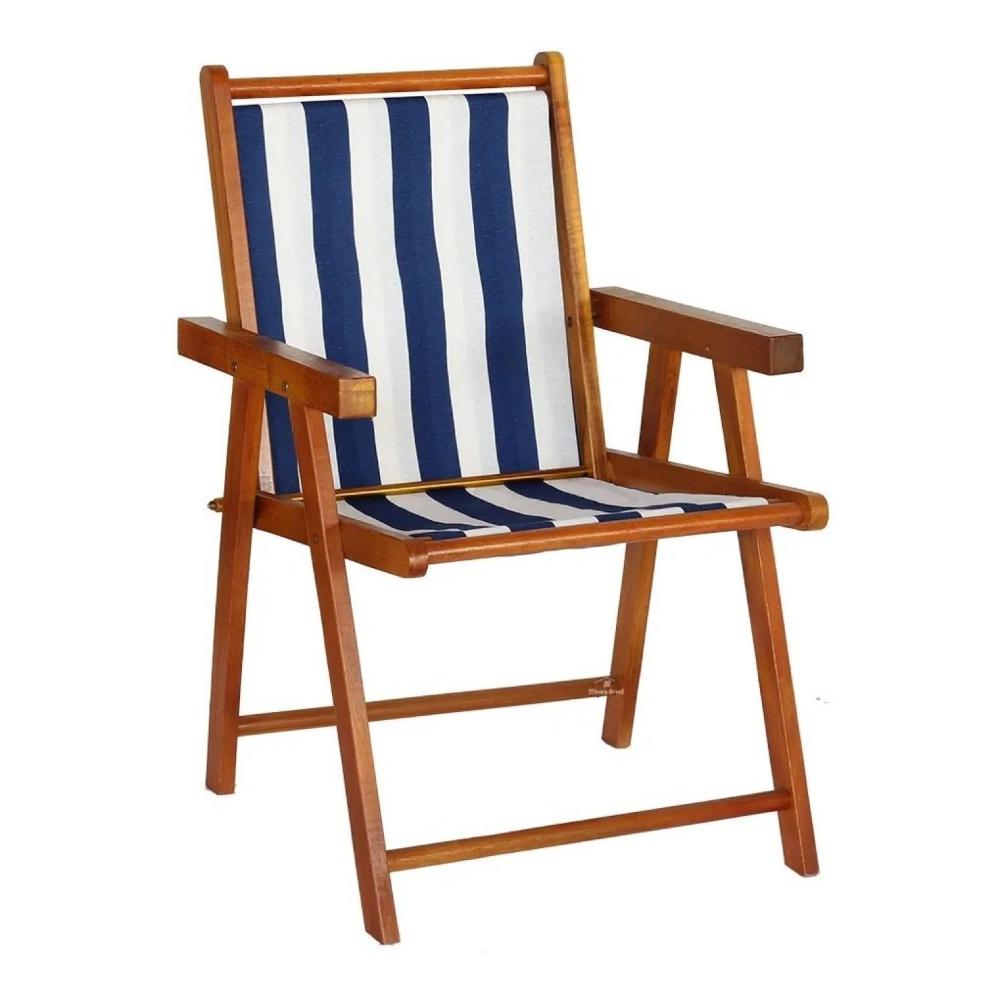 Miniatura Kit 2 Cadeiras Praia Dobrável em Madeira Maciça Envernizada com Tecido Listrado Azul/Branco