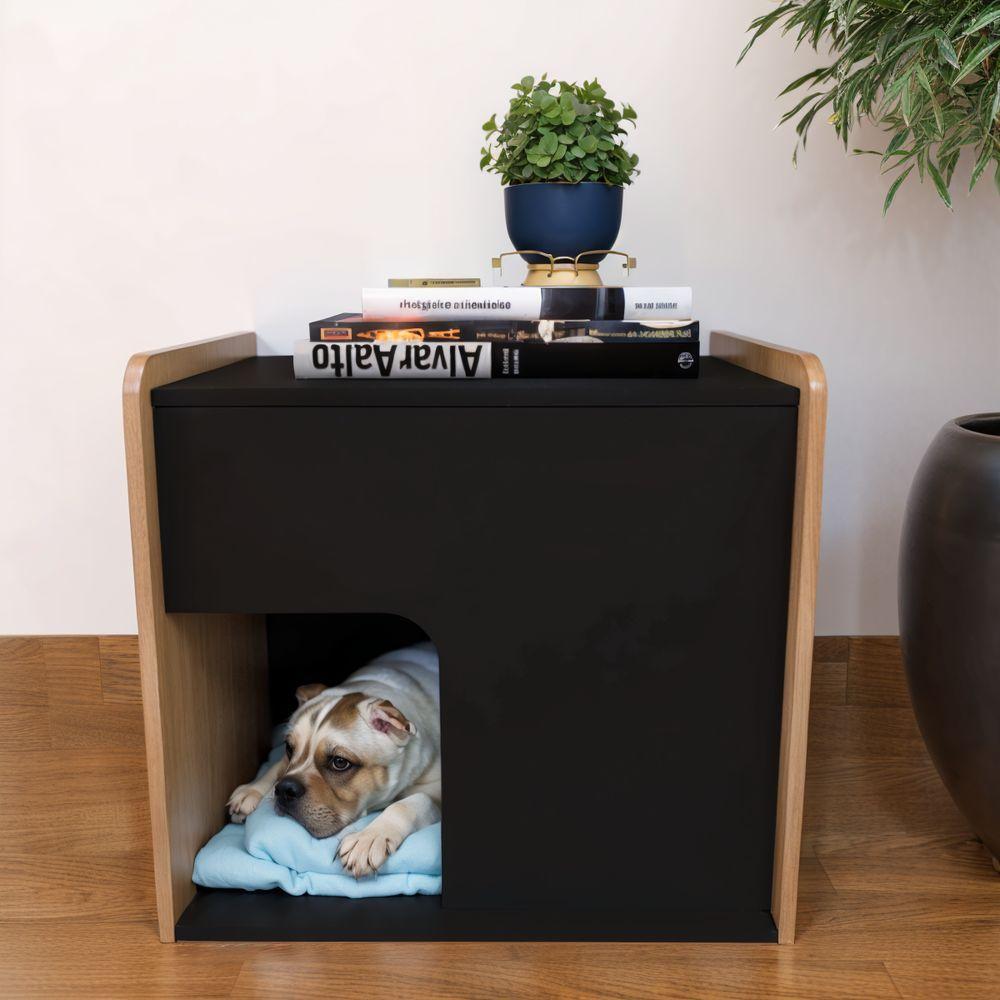 Miniatura Mesa De Cabeceira Cama Pet Cães 45x45x40 Preto E Madeirado