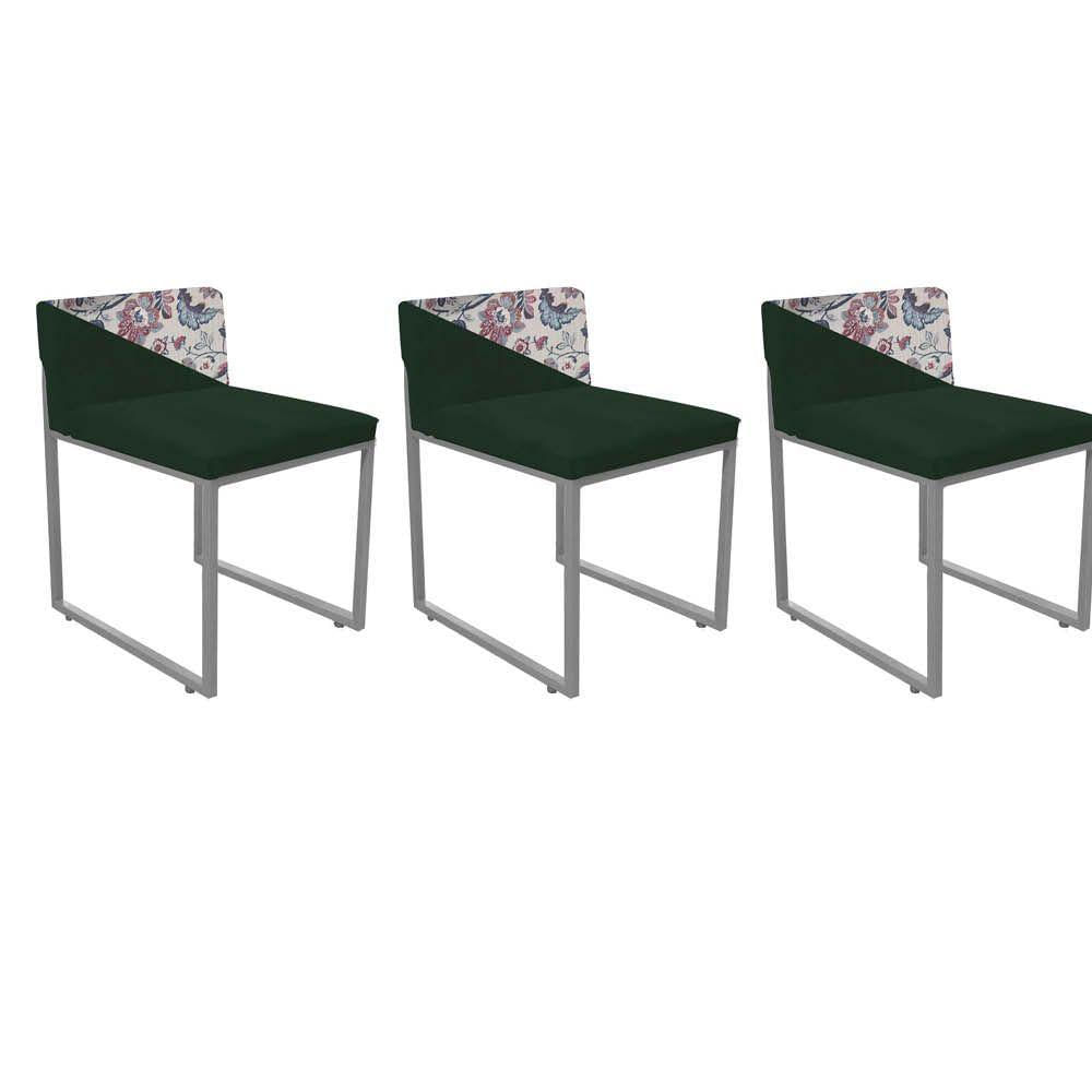 Miniatura Kit 03 Cadeira Lee Duo Sala De Jantar Ferro Prata Suede Flores Ah12 E Verde Musgo - Amey Decor