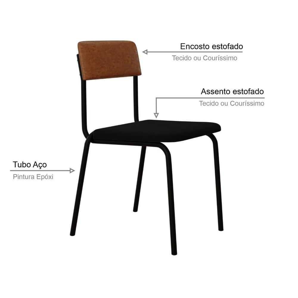 Miniatura Conjunto 4 Cadeiras Estofadas Fixa Empilhável Fit Preto / Caramelo / Preto Fosco