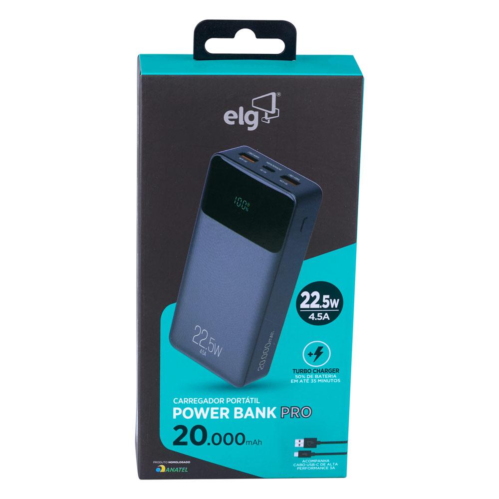 Miniatura Carregador Portátil Power Bank 20000mAh ELG PB200-BK Preto Preto