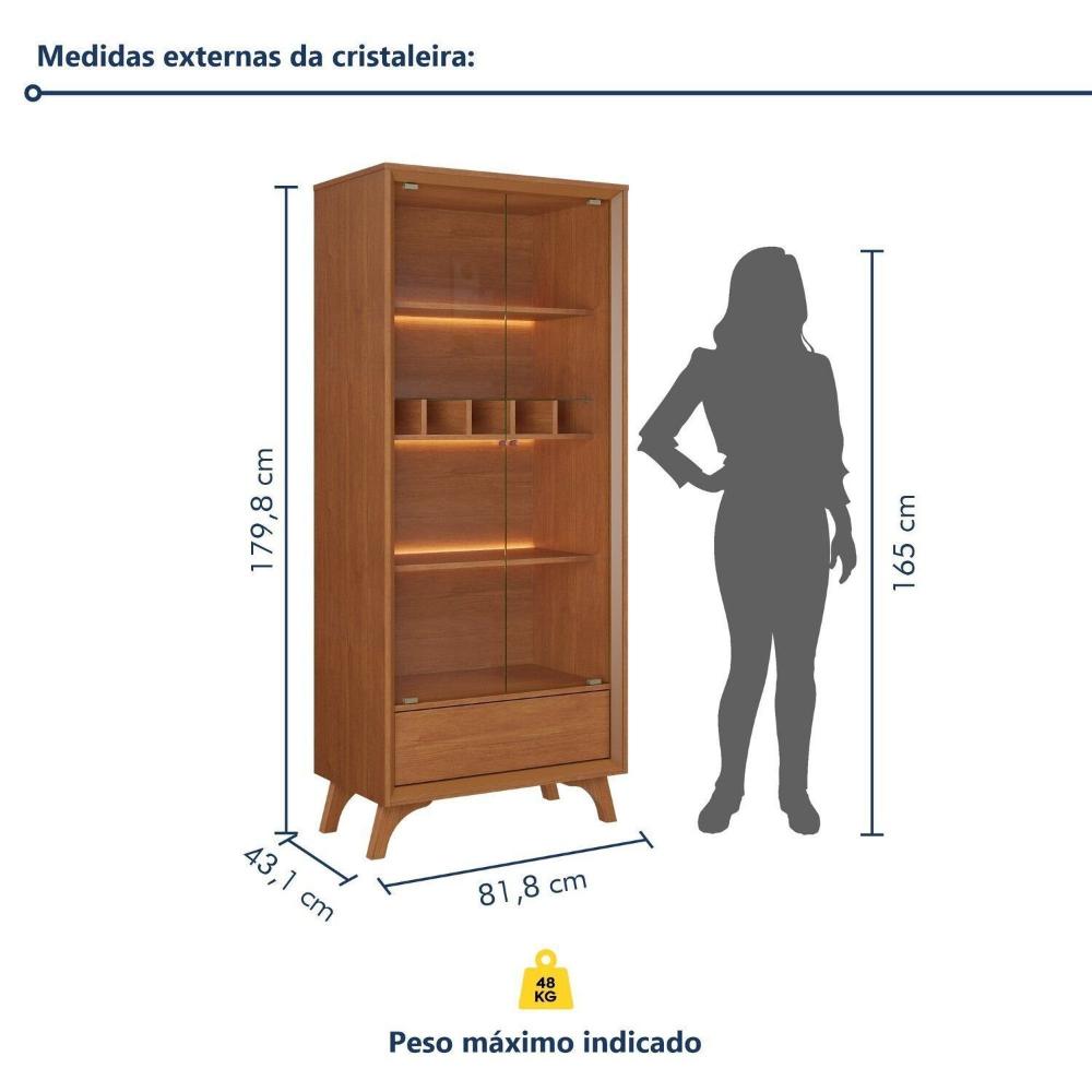 Miniatura Cristaleira com Adega e Iluminação Led com Pés em Madeira Maciça e 1 Gaveta Prime Naturalle