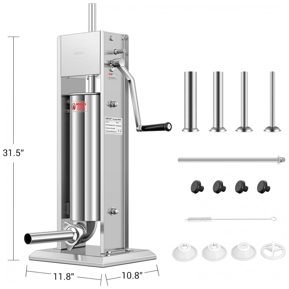 Miniatura Enchedor de Linguiça de Aço Inoxidável 15Lb7L LEEVOT Ajustável, 2 Velocidades, 4 Tubos de Enchimento Prateado