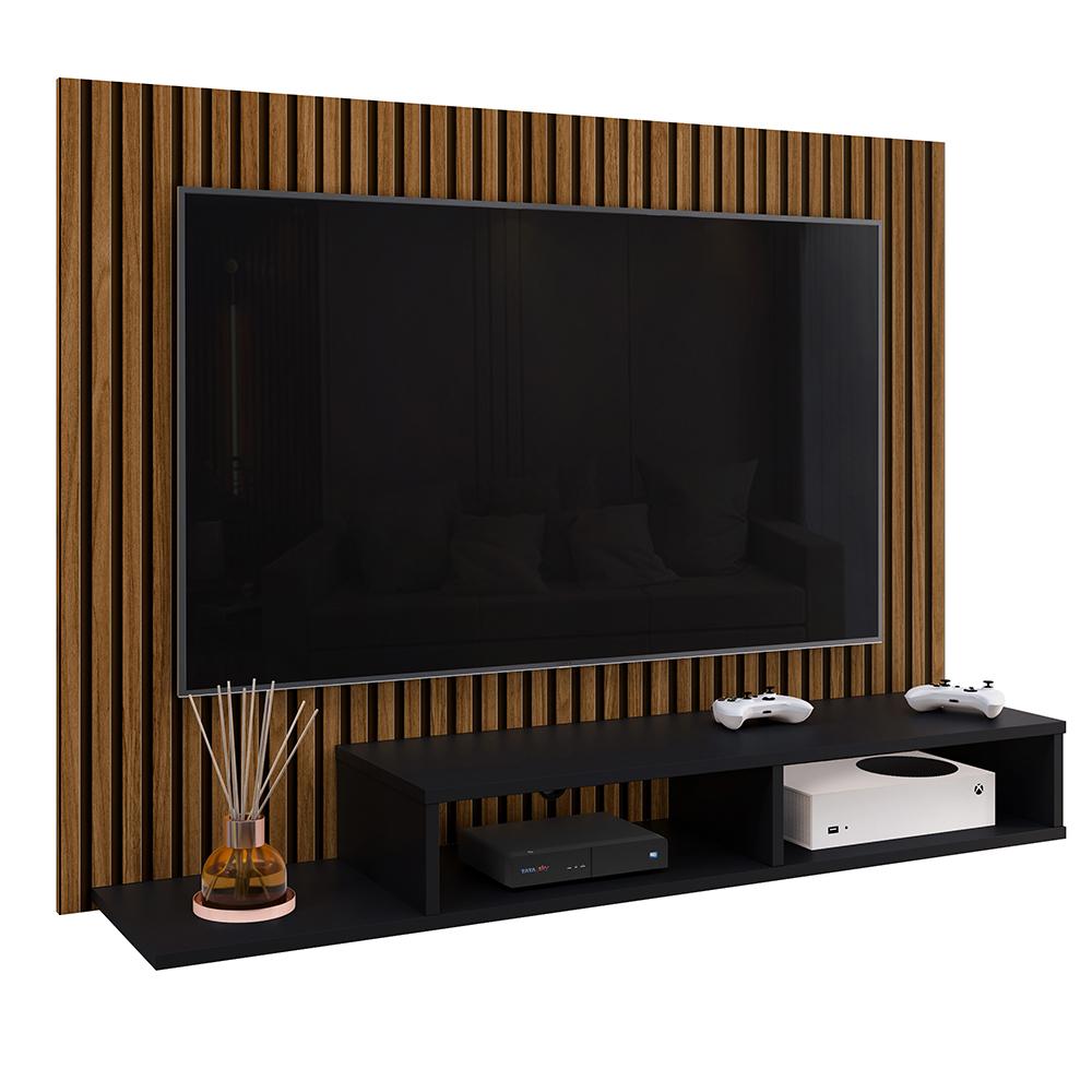 Miniatura Estante Painel Suspenso TV 48 Polegadas Nicho Organizador Prateleira Decorativa Sala Quarto Moderno Dubai Ripado/Preto- RPM Móveis
