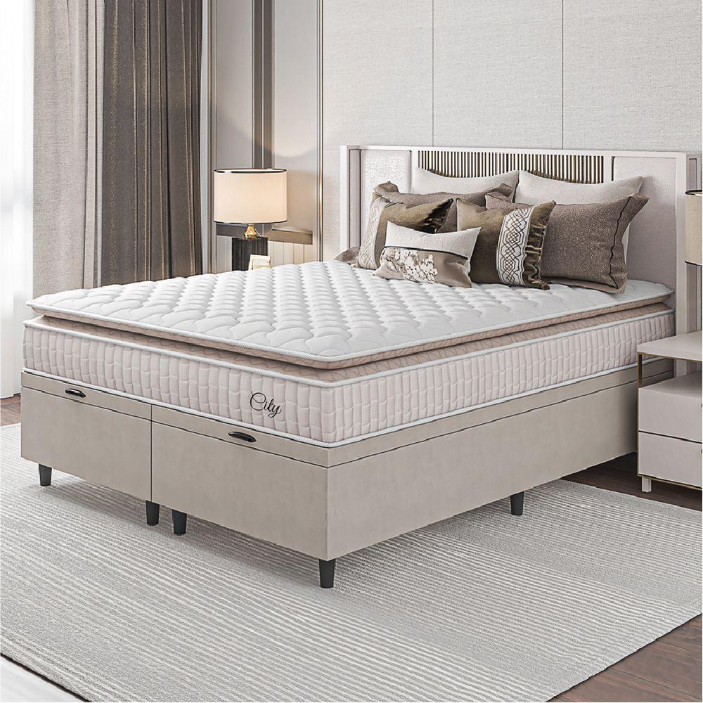 Miniatura Cama Box Colchão Baú Casal King Molas Ensacadas City Pillow Top 193x203x64cm Bege Branco