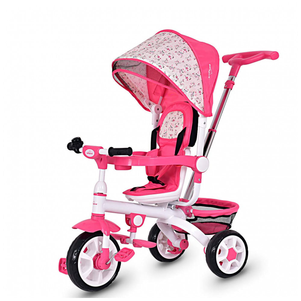 Miniatura Triciclo Infantil 4 em 1 com Alça Removível, Sino, Assento Giratório e Cesta de zenamento para Crianças de 1 a 5 ano...