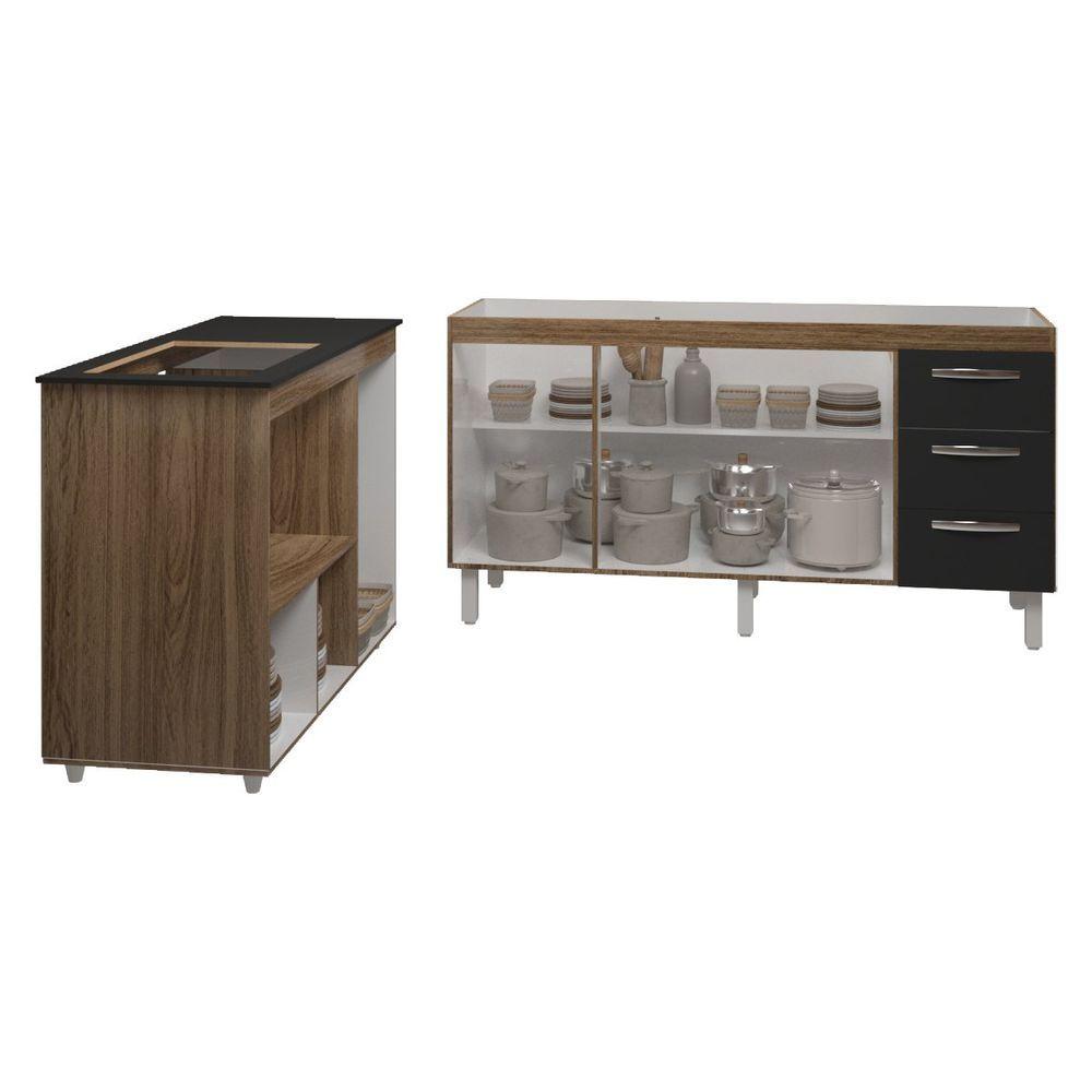 Miniatura Balcão Armário Gabinete De Pia 150 Cm Deise E Balcão Alana Para Fogão Cooktop 4 Bocas E Forno Elétrico Savana Preto