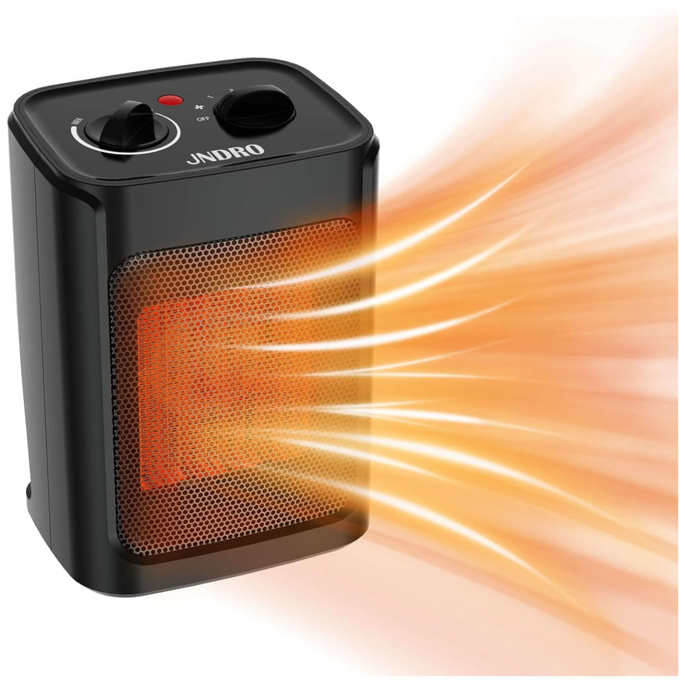 Miniatura Aquecedor Portátil de Ambiente JNDRO 1500W/750W, Ventilador de Cerâmica Silencioso, Termostato, Aquecimento de 18,5m² Interno