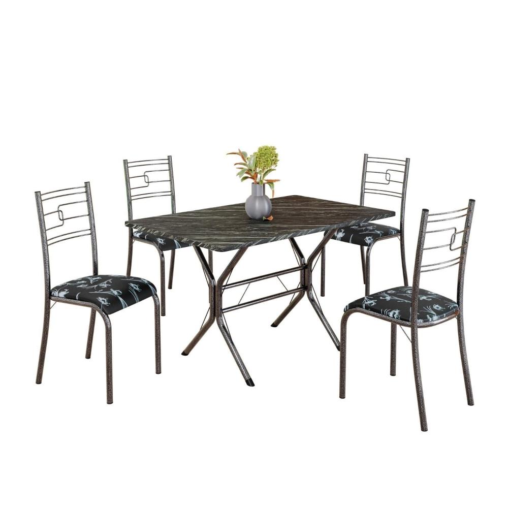 Miniatura Conjunto Sala de Jantar Mesa Retangular 100x60cm Tampo Madeira Mdp Ardósia Indiana 4 Cadeiras Paraty Preto Floral / Mart Prata