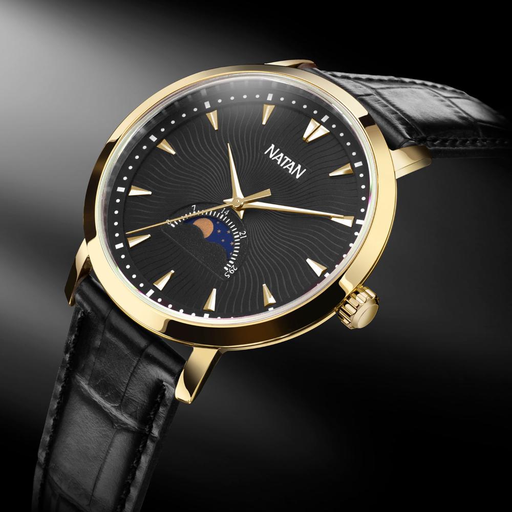 Miniatura Relógio Natan Masculino Fase Lunar em Aço Dourado e Couro Legítimo Preto