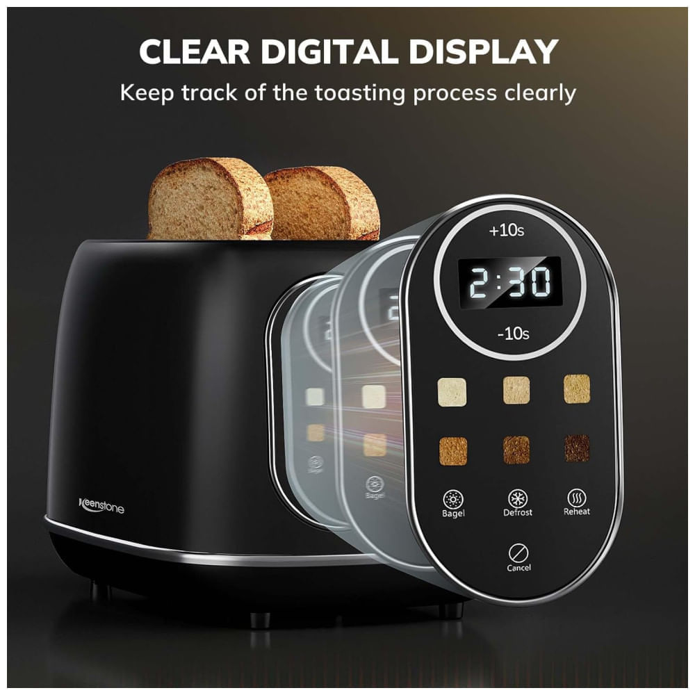 Miniatura Torradeira 2 Fatias com Painel Digital, Recursos para Bagel e 6 Nveis de Tostagem, 110V 800W, Keenstone, Preta 110v