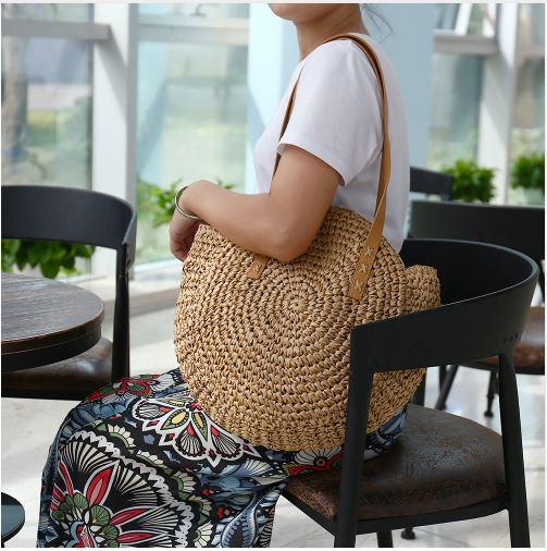 Miniatura Bolsa Saco Grande Redonda Palha Sintética Maleável Caramelo