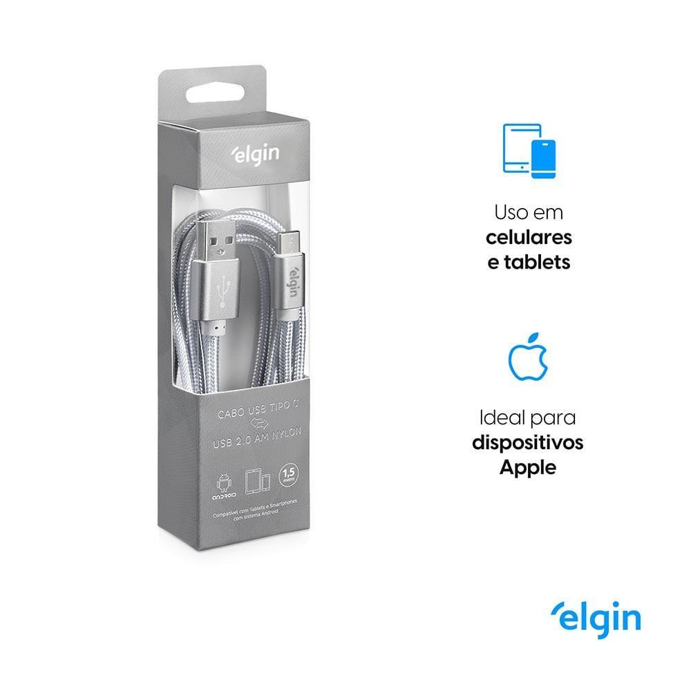 Cabo Usb-C Nylon Cinza 1,5m 480mbps Compatível Com Dispositivos Android