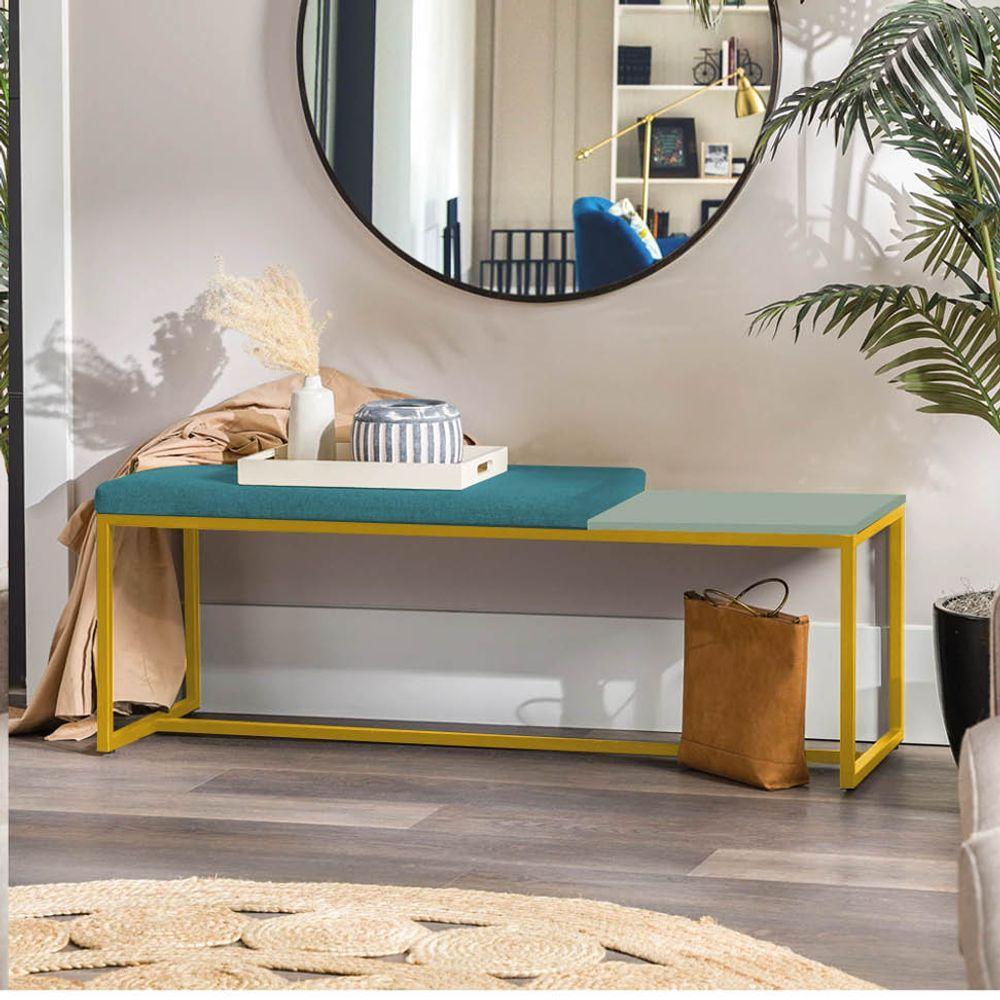 Miniatura Banco Recamier Puff 160cm Industrial Dourado Suede Azul Turquesa Tampo Quadrado Verde