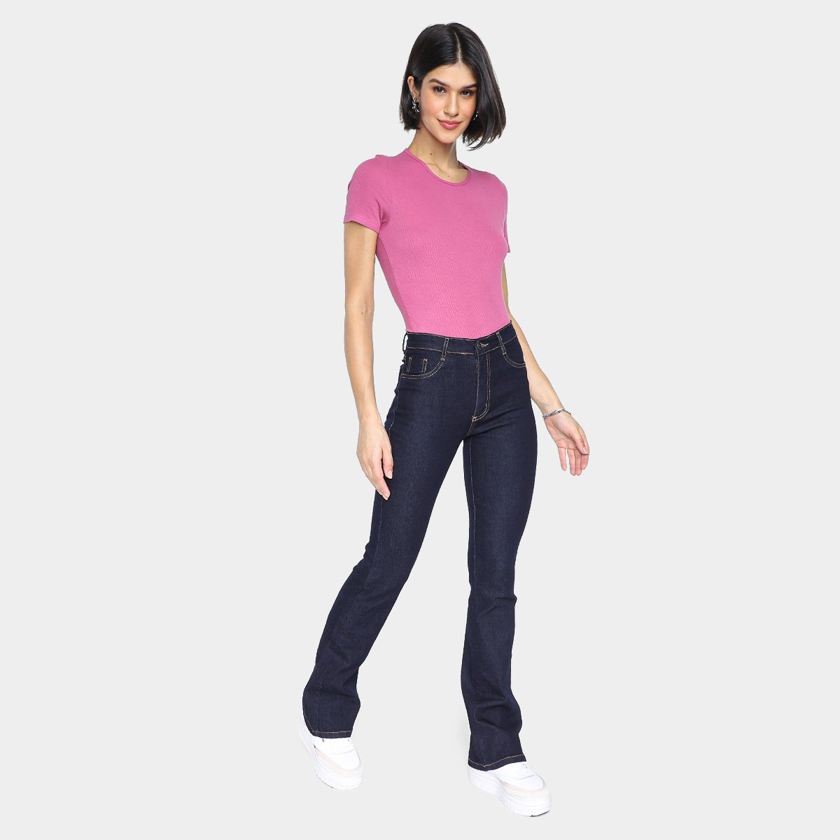 Miniatura Calça Jeans Boot Cut Sawary Lisa Cintura Alta Feminina Preto+Azul - 36