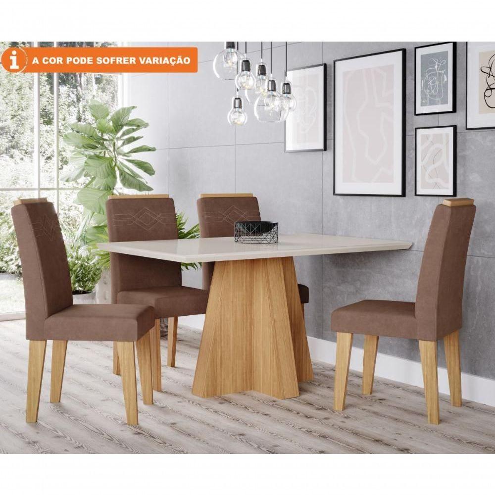 Conjunto Sala De Jantar 130x80 Tampo Mdf/vidro 4 Cadeiras Tais Cimol Nature/offwhite/chocolate