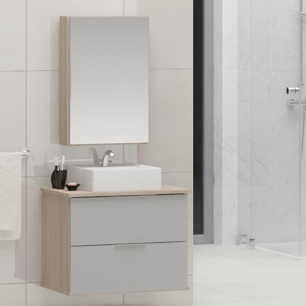 Miniatura Gabinete Banheiro 60cm com Cuba Sobrepor e Espelheira Rubi Gabinetes Joia Amadeirado/Cinza