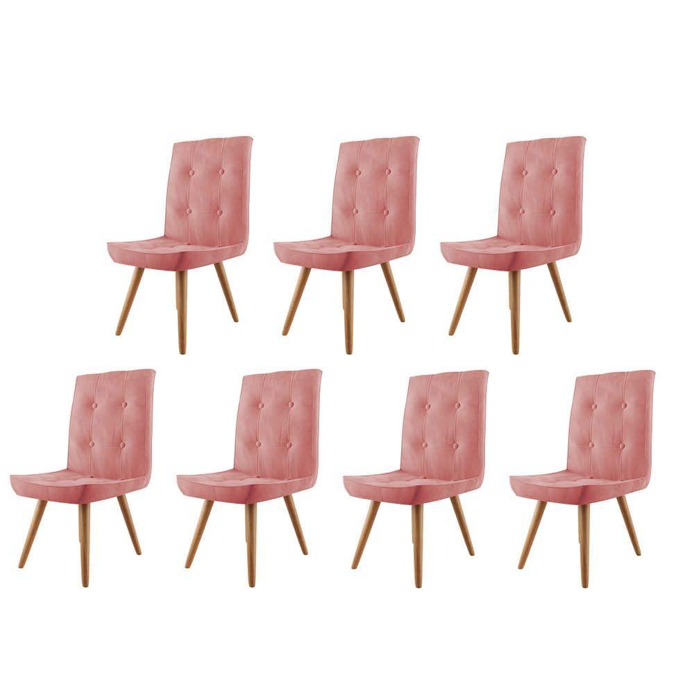 Miniatura Kit 07 Cadeira De Jantar Drop Com Botão Base Pé Palito Imbuia Suede Rose Gold - Amey Decor