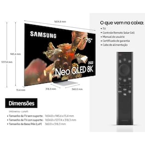 Smart TV 75" Neo QLED 8K Samsung QN900B, Mini Led, Painel 120hz, Processador com IA, Som em Movimento Pro, Tela Infinita, Ultrafina, Única Conexão