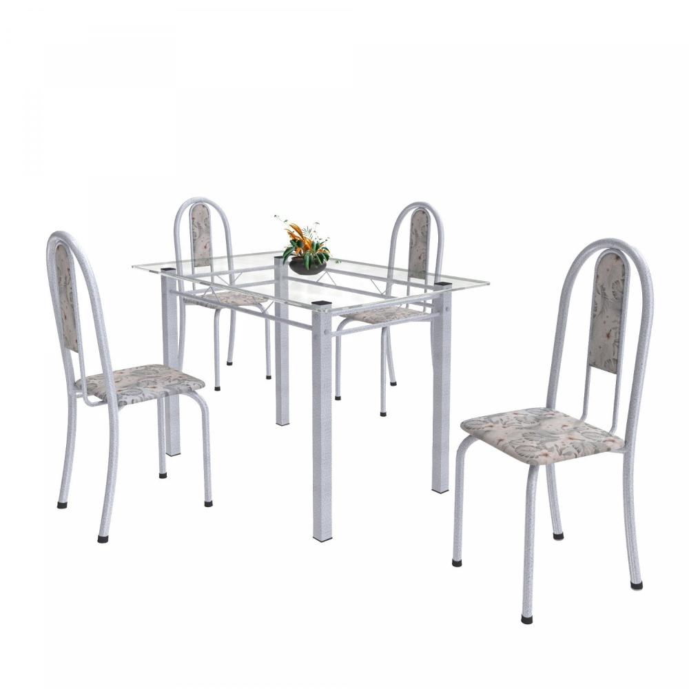 Miniatura Conjunto Mesa Tubular 120cm Tampo em Vidro com 4 Cadeiras Iris Soma Móveis Botanic Cinza/Pérola