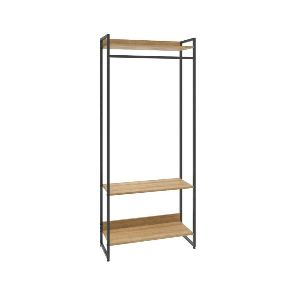 Miniatura Estante Closet Arara Industrial 3 Prateleiras 187x80cm Dynamica Yescasa Lamina Mel / Preto