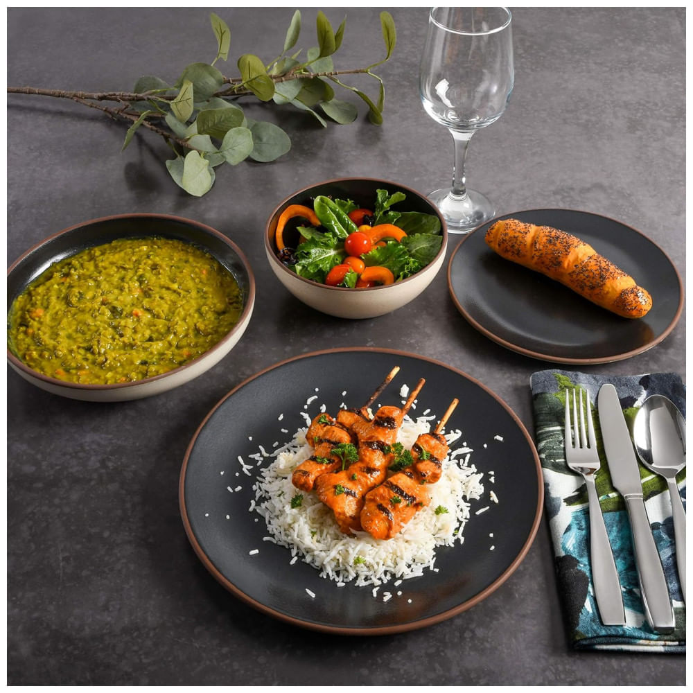 Miniatura Aparelho de Jantar Clássico com 16 Peças em Cerâmica Serve 4 Pessoas, Gibson Elite Contempo, Preto