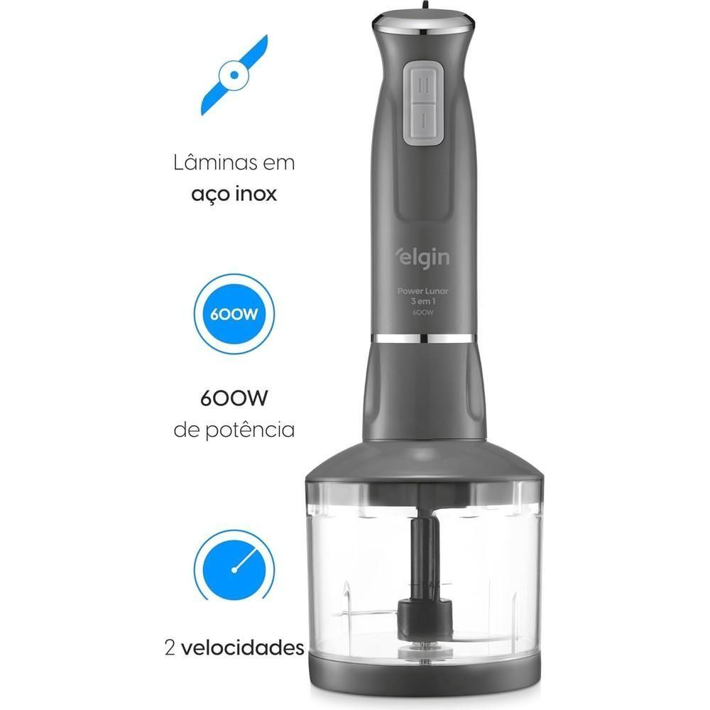 Miniatura Mixer De Alimentos Cinza Lunar Inox 600W 3 Em 1 Copo 700ml Elgin 220V