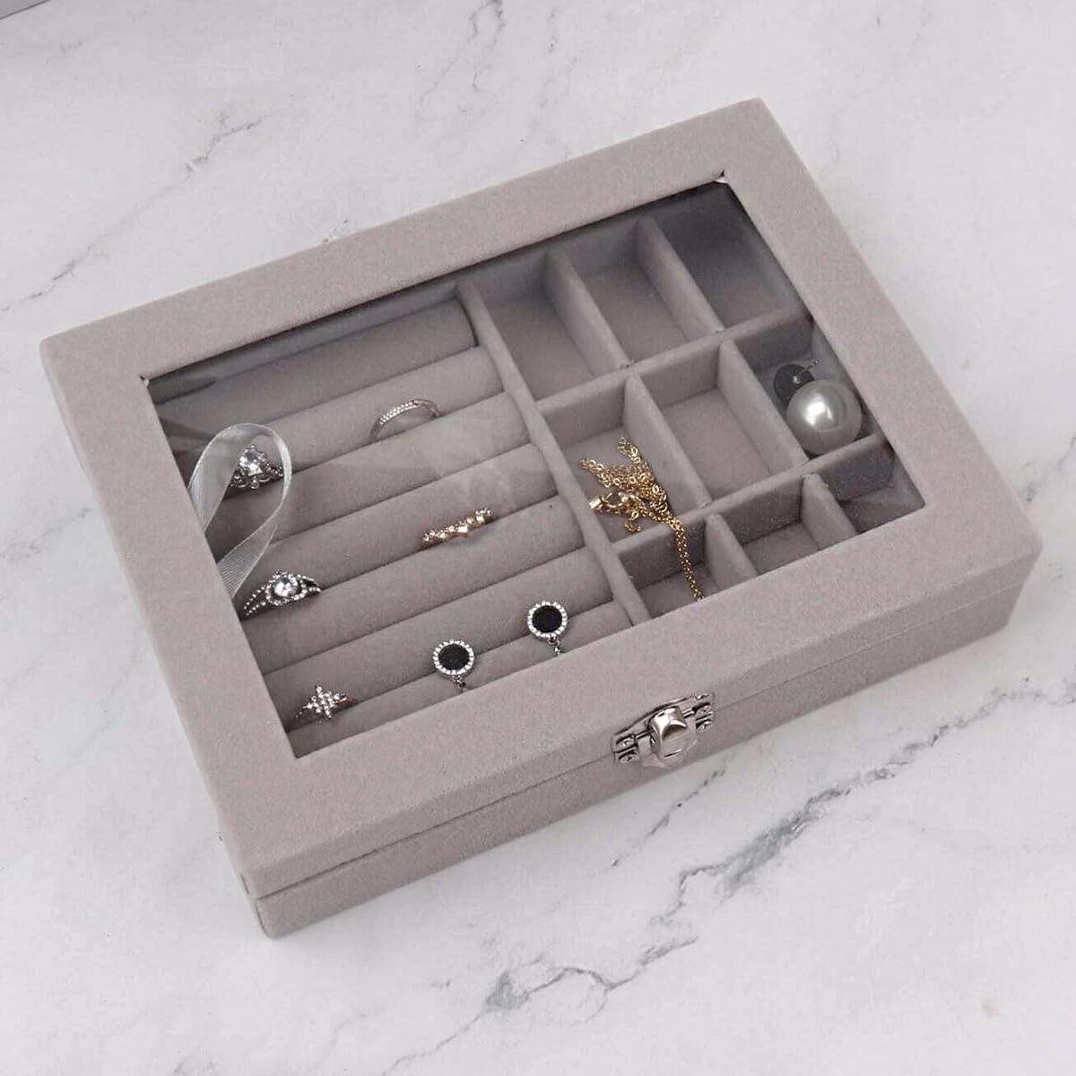 Miniatura Porta Joias Com Divisórias Organizador Tampa Luxo Cinza