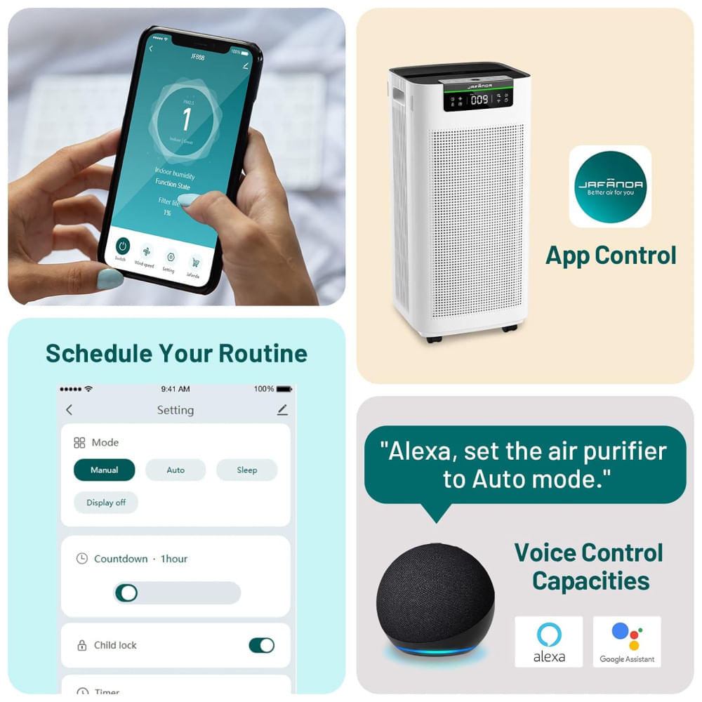 Miniatura Purificador de Ar para Ambientes até 353m² com Controle por APP e Filtro de Carvão Ativado HEPA Ture, 110V 90W, Jafnda JF888, Branco 110v