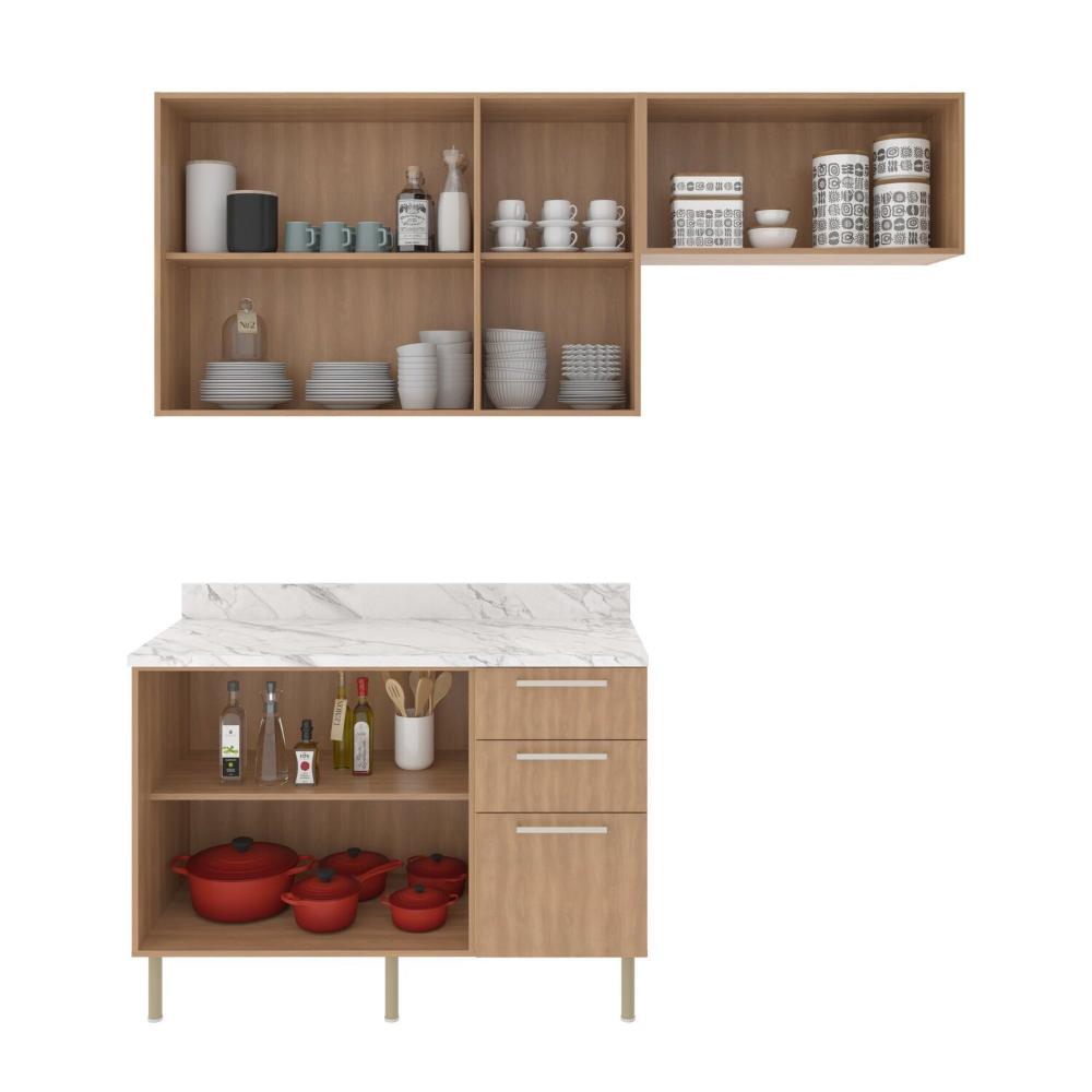 Cozinha Compacta Dália 200cm 3 Peças, 6 Portas e 3 Gavetas com Divisor de Talheres e Tampo Cz1102 Freijó/Branco