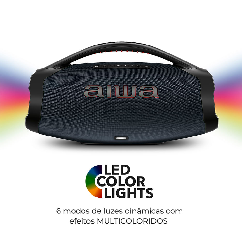 Caixa de Som Boombox Plus AIWA BBS-01-LBL 200W BT 30H IP66 USB RGB BOOMBOX C/ LUZES AWS-BBS-01-LBL BIVOLT