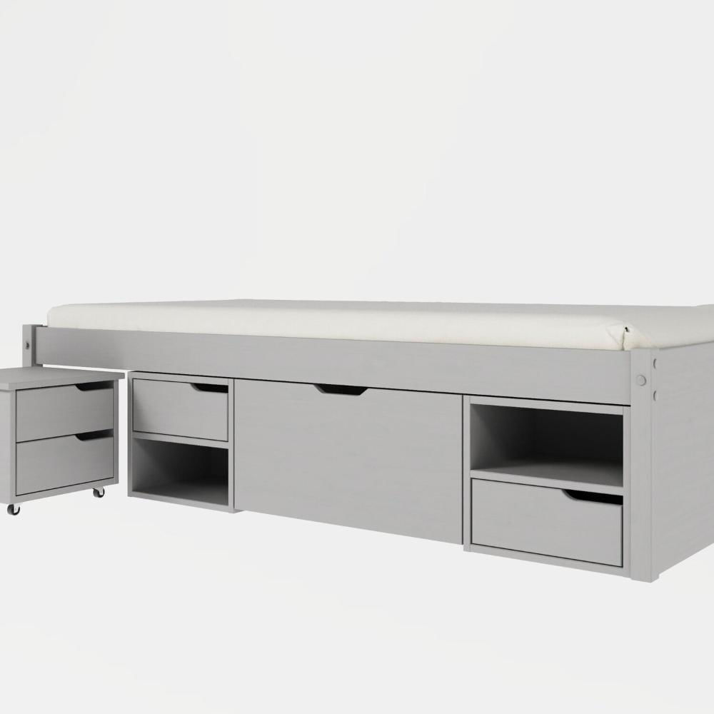 Miniatura Cama Solteiro Madeira Maciça com 3 Gavetas e 1 Mesa de Cabeceira Charme Cool Grey