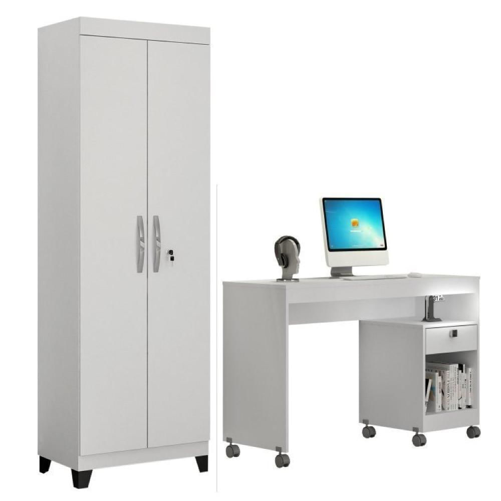 Miniatura Conjunto Mesa para Computador Giga e Armário Multiuso 2 Portas com Chave e 5 Prateleiras Asteca Branco