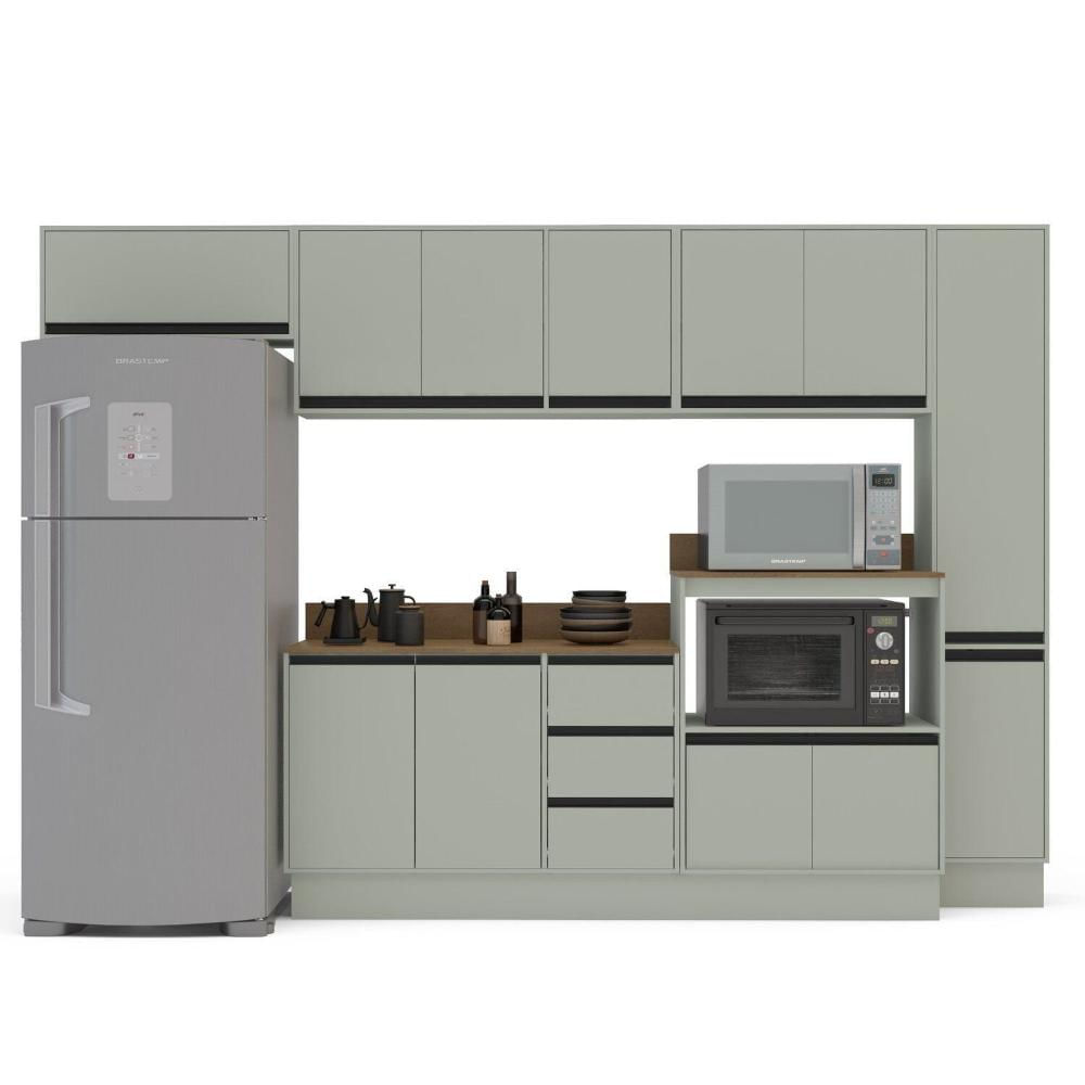 Miniatura Cozinha 6 Peças Balcão 3 Gavetas 2 Portas Aéreo Balcão Alto Paneleiro com Tampo Koya Branco/Verde Oliva