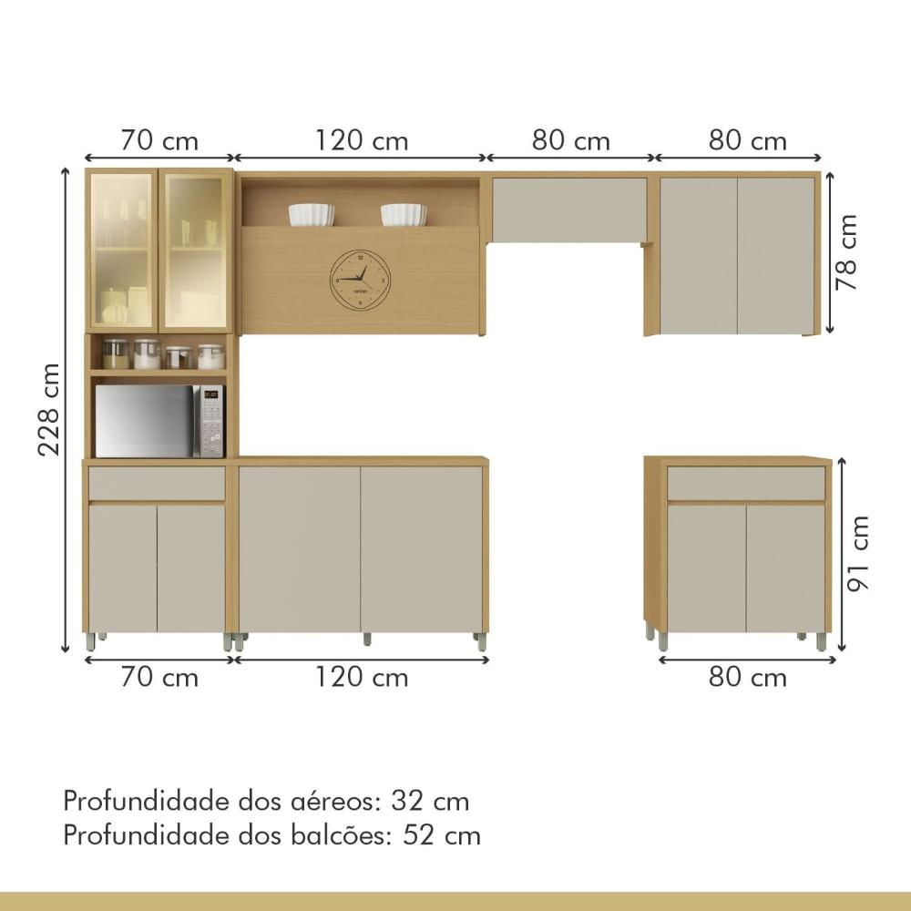 Miniatura Cozinha Completa 6 Peças 12 Portas 2 Gavetas Condessa 350cm 100% MDF Carvalho/Greige