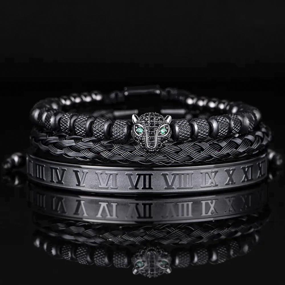 Miniatura Kit 3 Pulseiras Pantera Negra Aço Inoxidável Europeu Romano