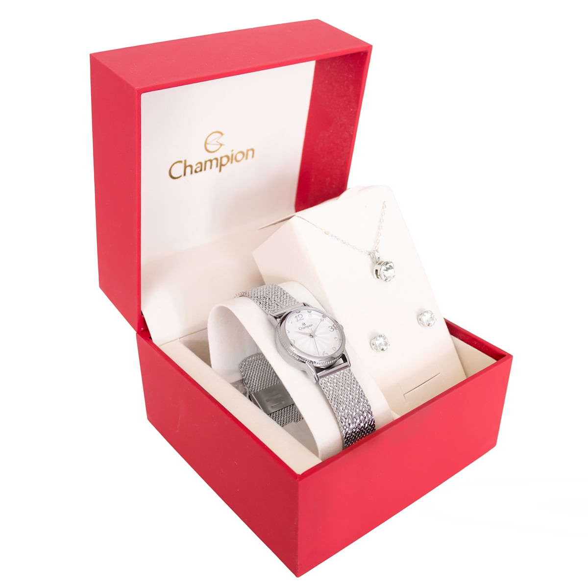 Relógio Feminino Champion Texturizado Mini Prata CF24091Q + Colar e Brincos