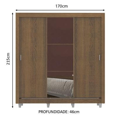 Guarda Roupa Casal Madesa Lyon 3 Portas de Correr com Espelho 2 Gavetas com Pés Rustic Cor:Rustic