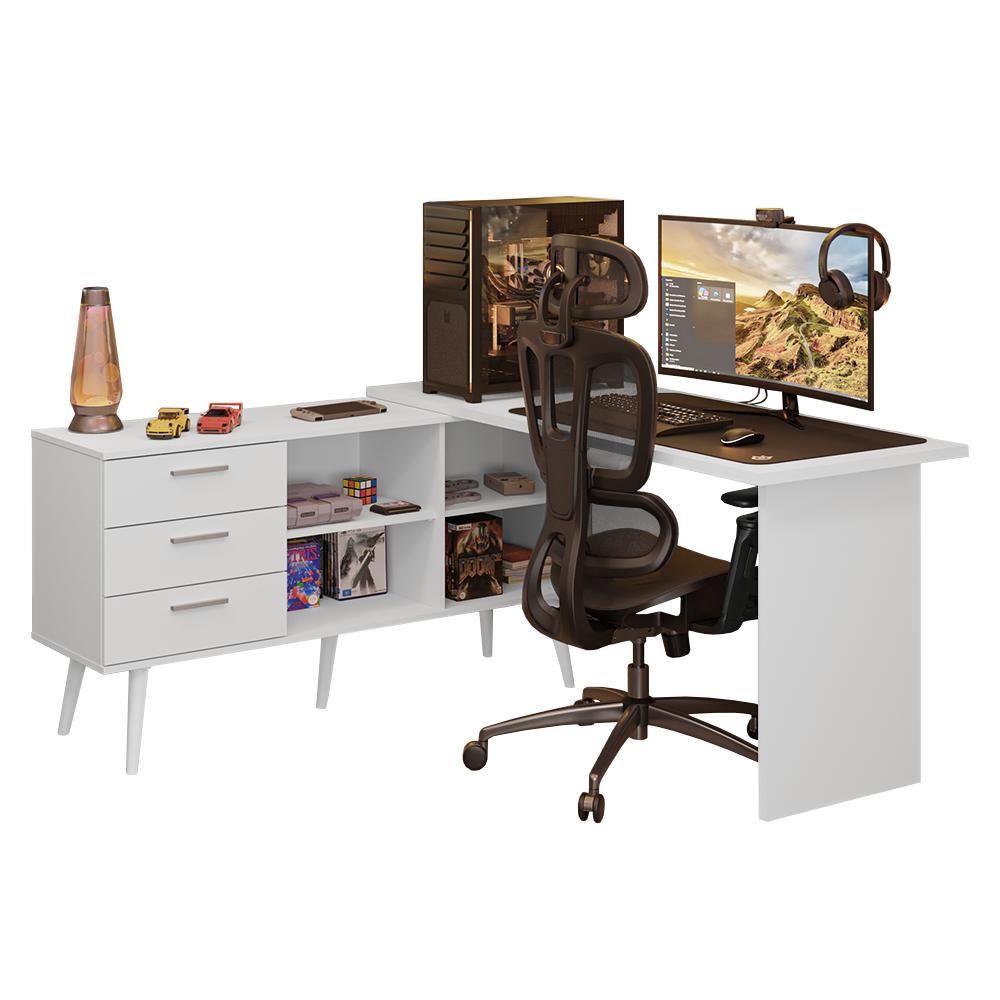 Miniatura Escrivaninha Em L Mesa Para Computador Gamer 3 Gavetas Lisboa Madesa Branco