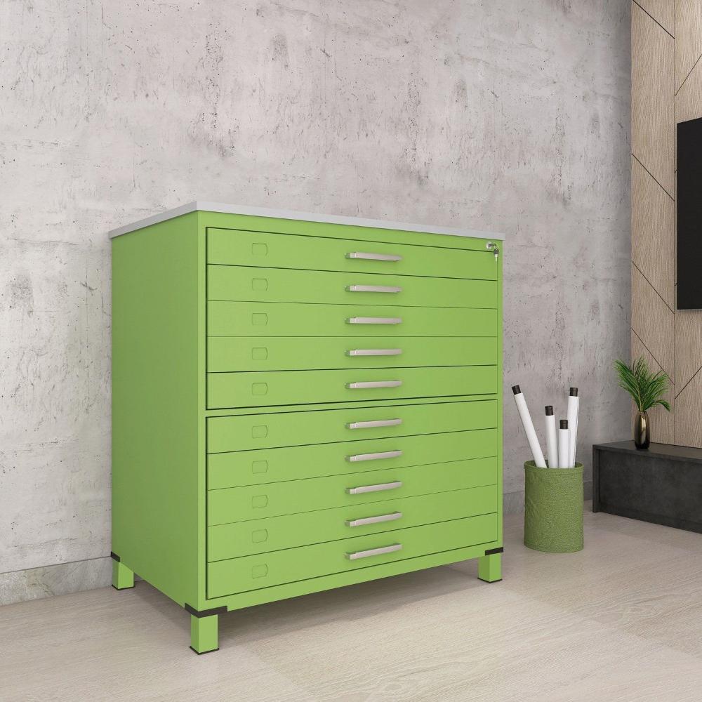 Miniatura Gaveteiro Mapoteca para Escritório de Aço Fixa com 10 Gavetas Industrial Verde/Cinza