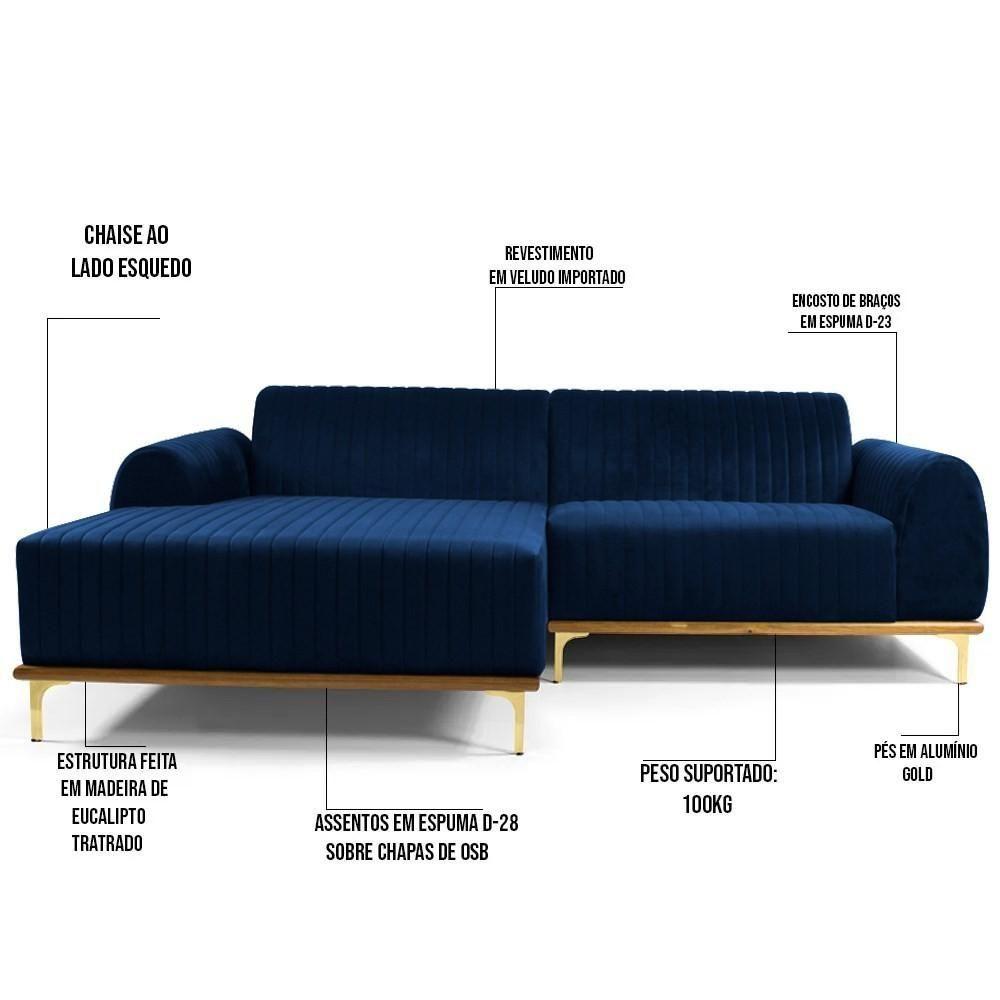 Sofá 230cm 4 Lugares Com Chaise Esquerdo Pés Gold Molino C-304 Veludo Azul Marinho - Domi