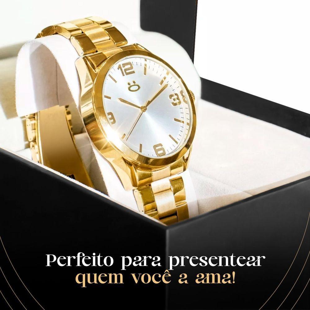 Miniatura Relogio Feminino Dourado Aço Inox + Caixa + Brincos + Colar Social Moda Casual Presente Strass